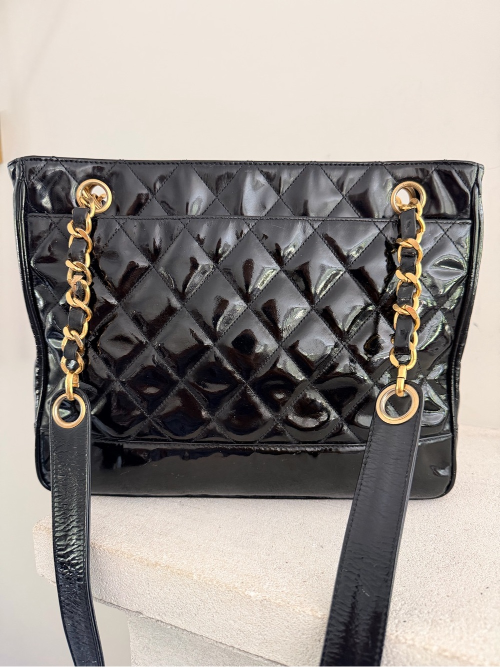 CHANEL Vintage Black Patent Quilted Chain Tote Bag + Entrupy COA - Picture 3 of 13